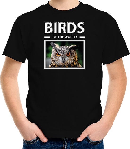Dieren foto t-shirt Uil - zwart - kinderen - birds of the world - cadeau shirt Oehoe uilen liefhebber - kinderkleding / kleding 146/152