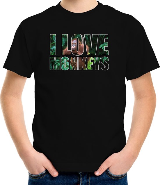 Tekst shirt I love monkeys met dieren foto van een orang oetan aap zwart voor kinderen - cadeau t-shirt apen liefhebber - kinderkleding / kleding 122/128