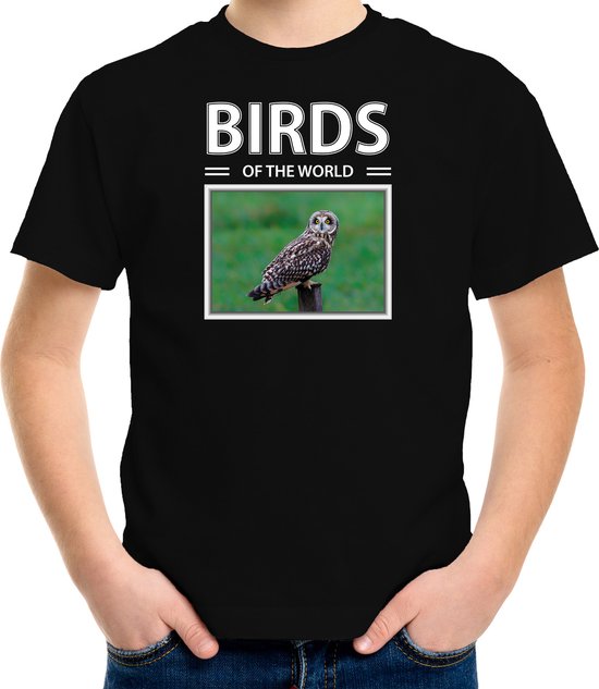Dieren foto t-shirt Velduil - zwart - kinderen - birds of the world - cadeau shirt uilen liefhebber - kinderkleding / kleding 122/128
