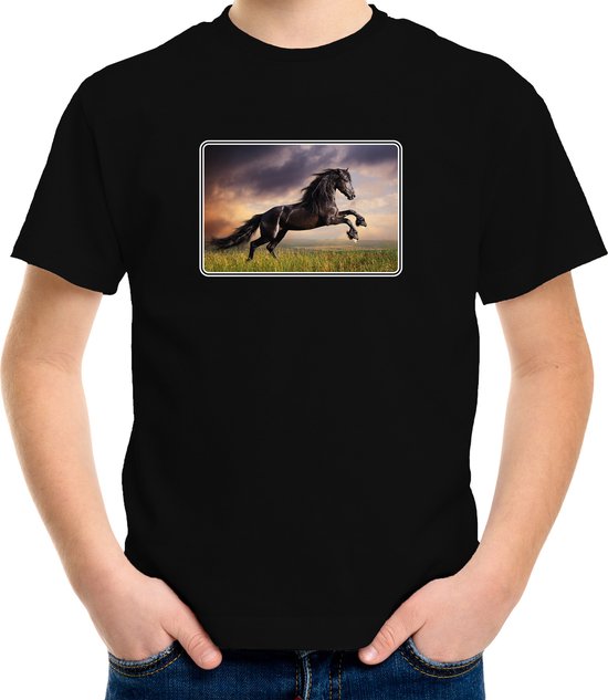 Dieren shirt met paarden foto - zwart - voor kinderen - natuur / paard cadeau t-shirt