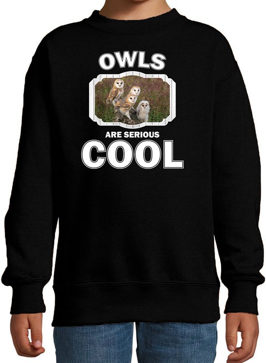 Dieren uilen sweater zwart kinderen - owls are serious cool trui jongens/ meisjes - cadeau kerkuil/ uilen liefhebber - kinderkleding / kleding 98/104