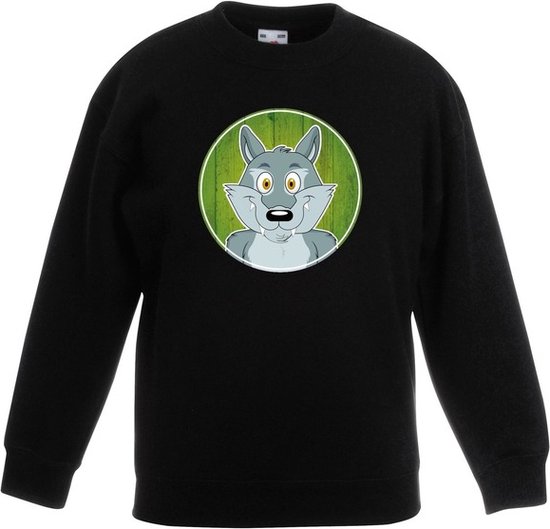 Kinder sweater zwart met vrolijke wolf print - wolven trui - kinderkleding / kleding 152/164