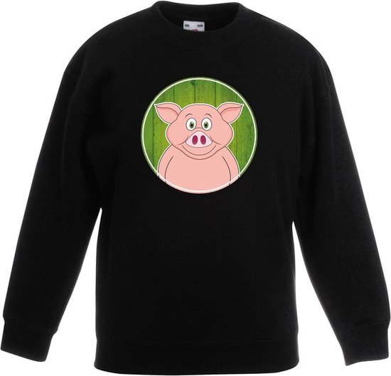 Kinder sweater zwart met vrolijke varken print - varkens trui - kinderkleding / kleding 134/146