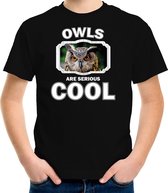 Dieren uilen t-shirt zwart kinderen - owls are serious cool shirt  jongens/ meisjes - cadeau shirt uil/ uilen liefhebber - kinderkleding / kleding 134/140