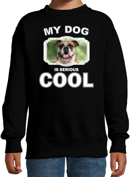 Britse bulldog honden trui / sweater my dog is serious cool zwart - kinderen - Britse bulldogs liefhebber cadeau sweaters - kinderkleding / kleding 134/146