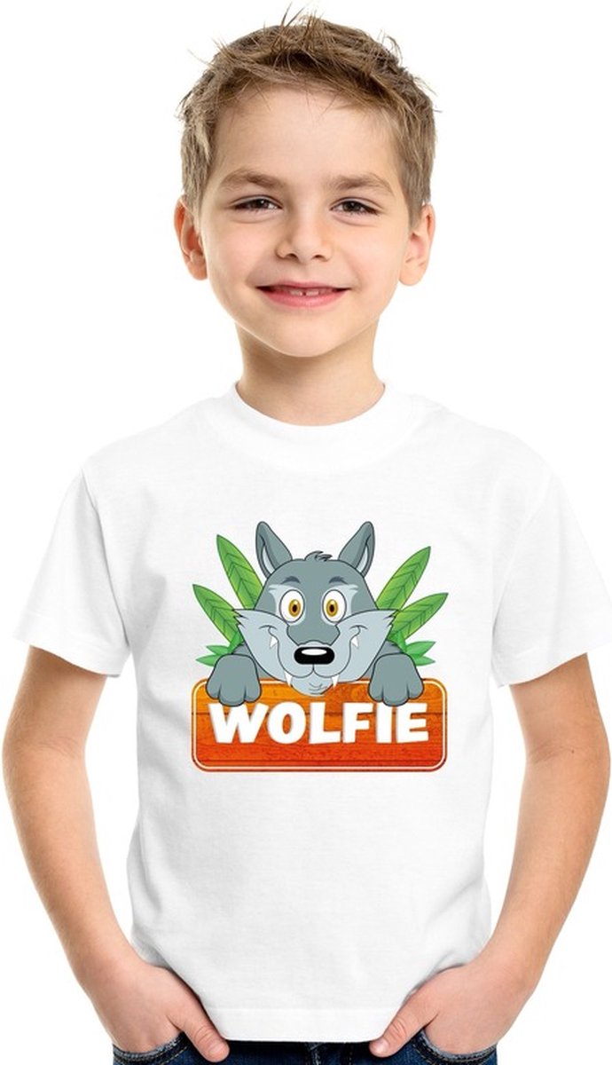 Wolfie de wolf t shirt wit voor kinderen unisex wolven shirt