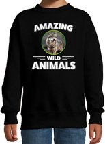 Sweater wolf - zwart - kinderen - amazing wild animals - cadeau trui wolf / wolven liefhebber 122/128