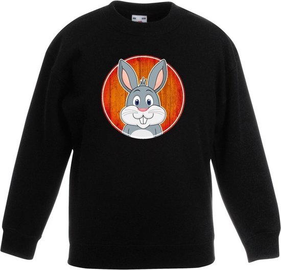 Kinder sweater zwart met vrolijke konijn print - konijnen trui - kinderkleding / kleding 122/128