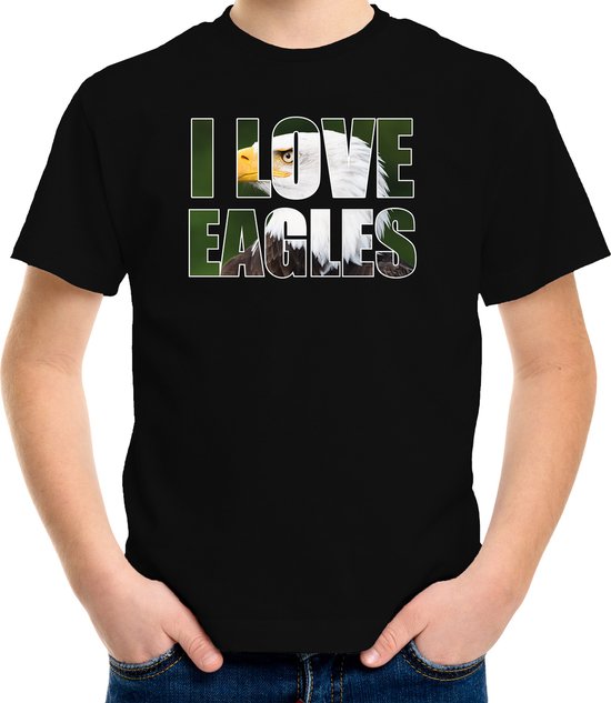 Tekst shirt I love eagles met dieren foto van een arend vogels zwart voor kinderen - cadeau t-shirt arenden liefhebber - kinderkleding / kleding 134/140