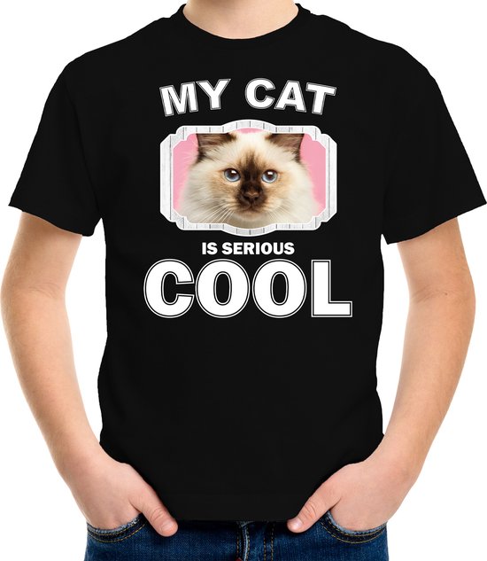 Rag doll katten t-shirt my cat is serious cool zwart - kinderen - katten / poezen liefhebber cadeau shirt - kinderkleding / kleding 134/140