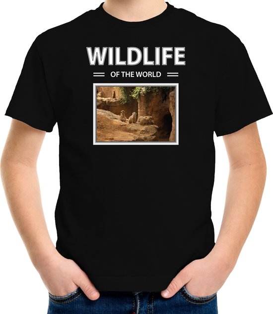 Dieren foto t-shirt Stokstaartje - zwart - kinderen - wildlife of the world - cadeau shirt Stokstaartjes liefhebber - kinderkleding / kleding 122/128