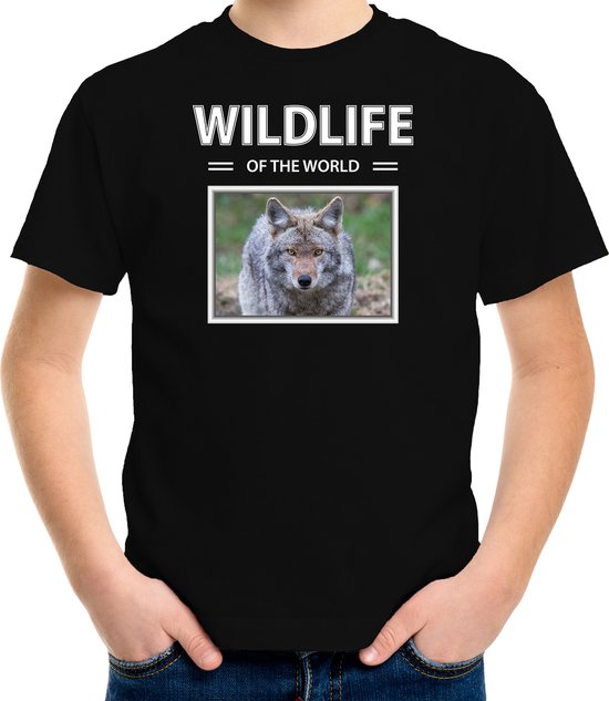 Dieren foto t-shirt Wolf - zwart - kinderen - wildlife of the world - cadeau shirt Wolven liefhebber - kinderkleding / kleding 122/128