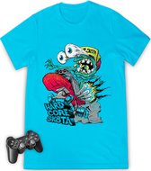 Jongens tshirt met print - Streetwear skatebord opdruk - Maat 116 t/m 164 - T shirt kleuren: wit, turquoise en rood.