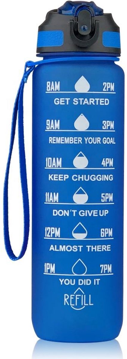 Waterfles met tijdmarkering - Motivatie Drinkfles Met Rietje - 1 Liter Waterfles - BPA vrij - Blauw