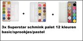 3x Superstar schmink palet 12 kleuren basic/sprookjes/pastel - pallet schmink thema feest festival