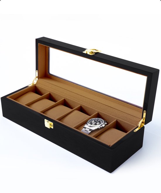 JASC Horlogebox - 6 Compartimenten - Zwart/bruin