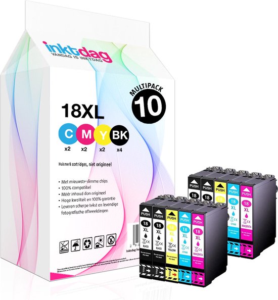Inktdag inktcartridge voor Epson 18XL multipack van 10 kleuren (4*BK, 2*C,  M en Y)... | bol