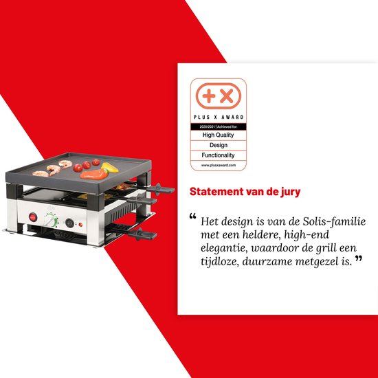 Tafelgrill met vlees en groenten op de grillplaat. De grill heeft een zilverkleurig metalen frame en een zwarte grillplaat. Rechts een "Plus X Award" certificaat en de jury statement.
