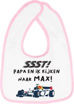Hospitrix Slabbetje met Tekst  "SSST! Papa en Ik kijken naar MAX" Roze  - Kerstcadeau - Cadeau Zwangerschap - Baby Kwijldoek - Kwijllap - Morslap - Bavette - go max - Cadeau - Zwangerschap - Aankondiging -  Verstappen