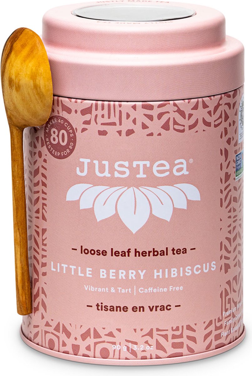 Justea - Little Berry Hibiscus – Cafeïnevrije Kruidenthee met Hibiscus en Bessen – Luxe Designblik – Cadeauthee – 100g