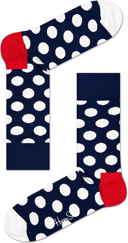 Donkerblauwe Happy Socks met grote witte stippen, rode hiel en witte teen. "Happy Socks" tekst op de zool.
