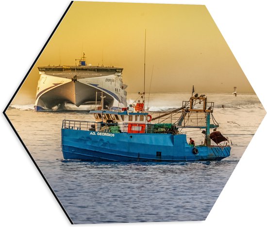 WallClassics - Dibond Hexagon - Blauwe Vissersboot omringd door Zeemeeuwen - 40x34.8 cm Foto op Hexagon (Met Ophangsysteem)
