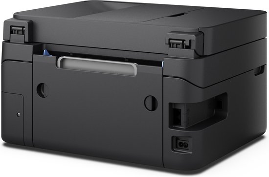 Achterkant van een zwarte Epson printer, met stroomaansluitingen en een handvat.