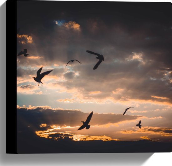 WallClassics - Canvas  - Vogels in de Lucht bij Zonsondergang - 30x30 cm Foto op Canvas Schilderij (Wanddecoratie op Canvas)