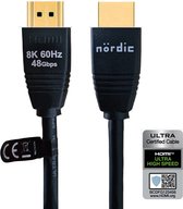 NÖRDIC HDMI-530 HDMI naar HDMI kabel - Gecertificeerd - HDMI2.1 - 8K60Hz - 48Gbps - Vergulde connectoren - 3m - Zwart