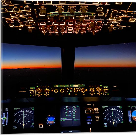 WallClassics - Acrylglas - Cockpit met Zonsondergang in de Avond - 50x50 cm Foto op Acrylglas (Wanddecoratie op Acrylaat)