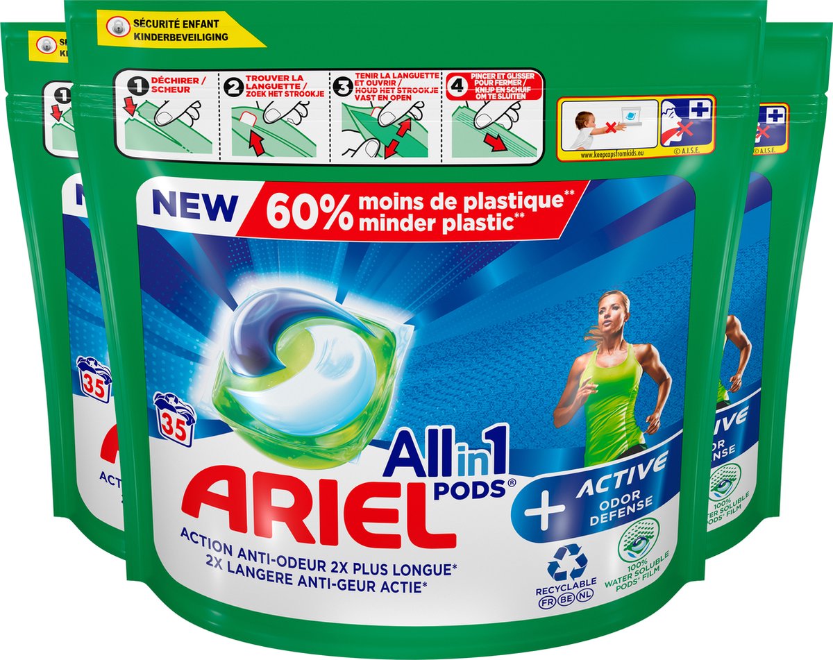 Ariel All in 1 Pods + Actieve Geurbestrijding - Wasmiddel Wascapsules - 3 x 35 Wasbeurten - Voordeelverpakking