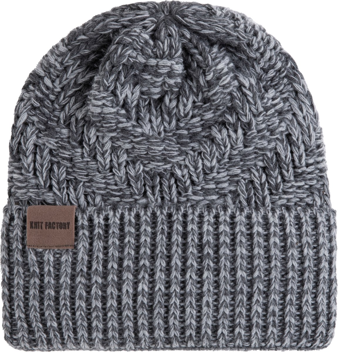 Knit Factory Sally Gebreide Muts Heren & Dames - Beanie hat - Antraciet/Licht Grijs - Grofgebreid - Warme grijs gemeleerde Wintermuts - Unisex - One Size