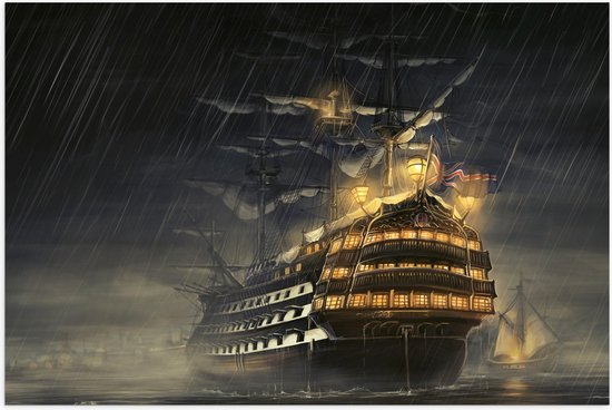 WallClassics - Poster Glanzend – Groot Schip op Zee in Storm - 75x50 cm Foto op Posterpapier met Glanzende Afwerking