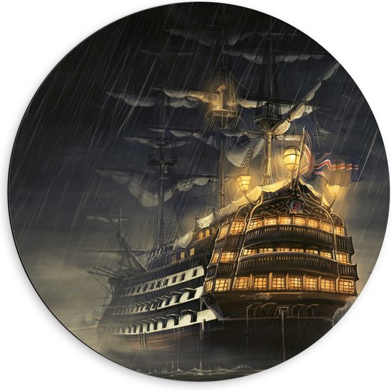 WallClassics - Dibond Muurcirkel - Groot Schip op Zee in Storm - 60x60 cm Foto op Aluminium Muurcirkel (met ophangsysteem)