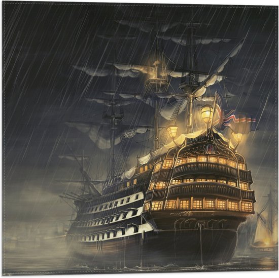 WallClassics - Vlag - Groot Schip op Zee in Storm - 50x50 cm Foto op Polyester Vlag