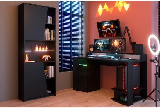 PARISOT Gaming Ensemble bureau Gaming + bibliothèque 2 portes - Décor Zwart  | bol