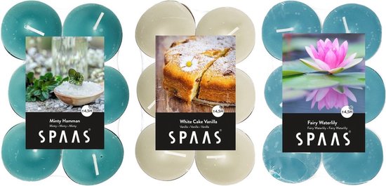 Candles by Spaas geurkaarsen - 36x stuks in 3 geuren - Mint Hammon - Waterlilly - Vanilla Cake
