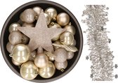 Kerstversiering kunststof kerstballen 5-6-8 cm met ster piek en sterren slingers pakket champagne 35x stuks - Kerstboomversiering