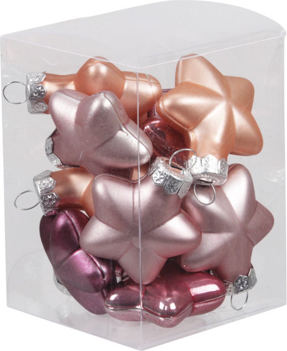 Othmar Decorations Kerstornamenten - sterren - 12x st - mix roze - 4 cm - glas - kerstversiering