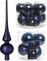 Compleet glazen kerstballen pakket donkerblauw glans/mat 32x stuks met piek mat - 20x 6 cm - 12x 8 cm
