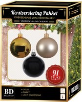 Kerstbal en piek set 91x goud-champagne-zwart voor 150 cm boom - Kerstboomversiering