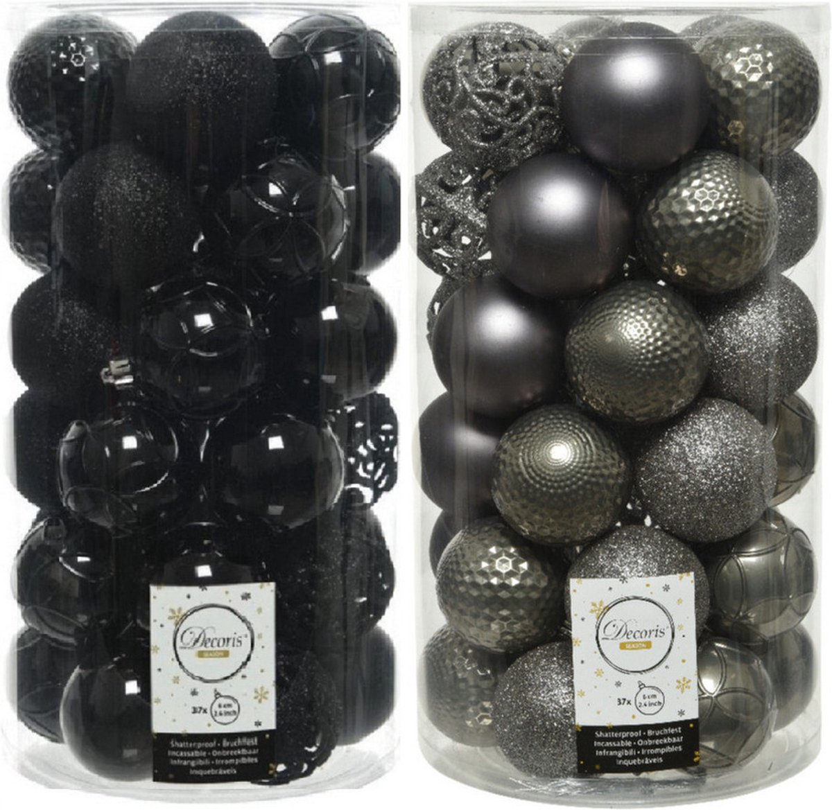 74x stuks kunststof kerstballen mix zwart en antraciet grijs 6 cm - Onbreekbare kerstballen - Kerstversiering