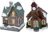 2x Kersthuisjes/kerstdorpje met verlichting 13 cm - Kerstdorpen maken accessoires