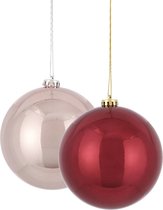 Kerstversieringen set van 2x grote kunststof kerstballen roze en rood 15 cm glans