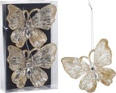 4x stuks decoratiehangers vlinders champagne/goud 15 cm - Decoratievlinders/kerstboomversiering/bruiloftversiering
