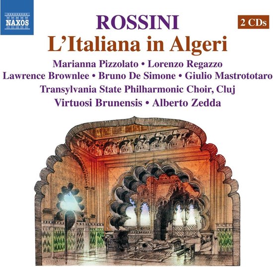CD-hoes met de titel L'Italiana in Algeri, met de cast en het koor vermeld. Centraal een gedetailleerde tekening van een groen en goudkleurig architectonisch interieur.
