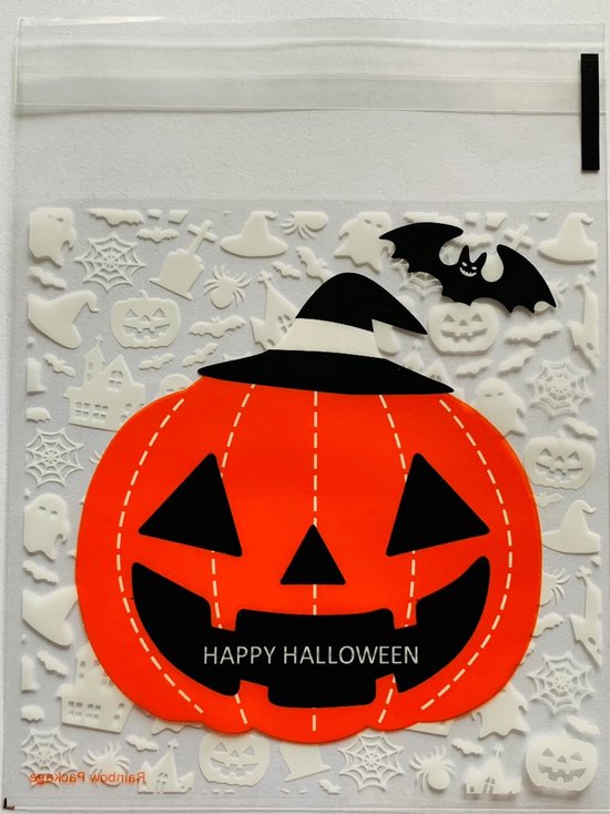 Foto: Kleine cellofaan zakjes met plakstrip happy halloween transparant met witte oranje en zwarte opdruk 10 centimeter x 10 centimeter nummer 2 vierkant hersluitbaar 50 stuks snoepjes koekjes traktatie kadootje give aways