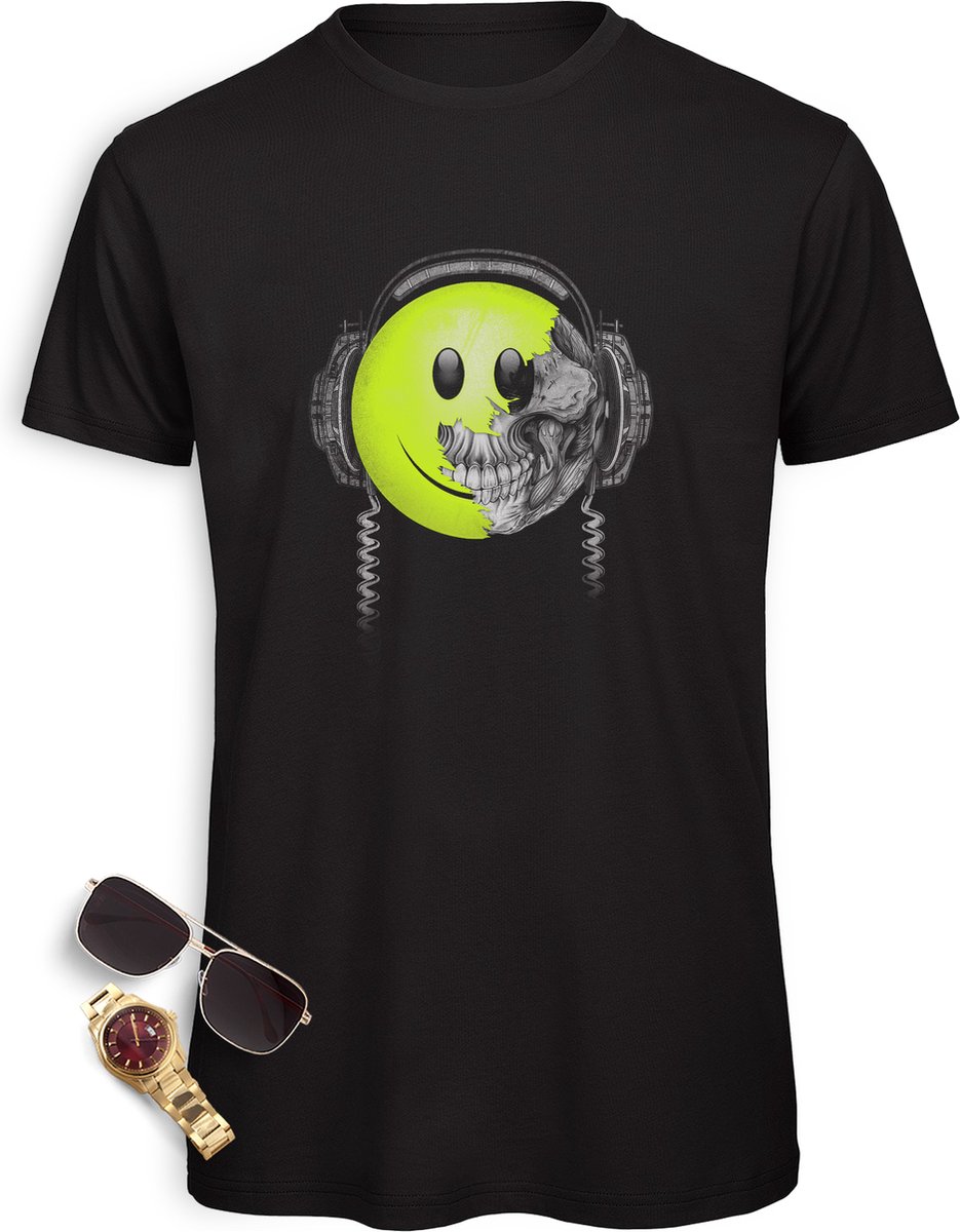 Heren t shirt met DJ Skull Smiley - Muziek tshirt voor mannen - Maten: S t/m 3XL - Shirt kleur: zwart.