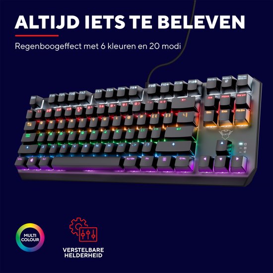 Zwart gamingtoetsenbord met regenboogverlichting, 6 kleuren en 20 modi.