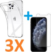 Soft TPU Transparant hoesje Silicone Case + 3 stuks Glas Screenprotector -   Geschikt voor:  iPhone 11 Pro Max